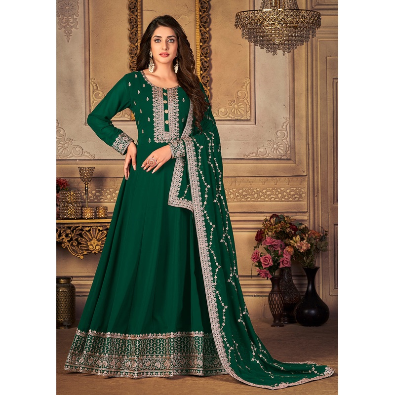 Georgette Dark Green Embellished Wedding Fest Anarkali Suit
