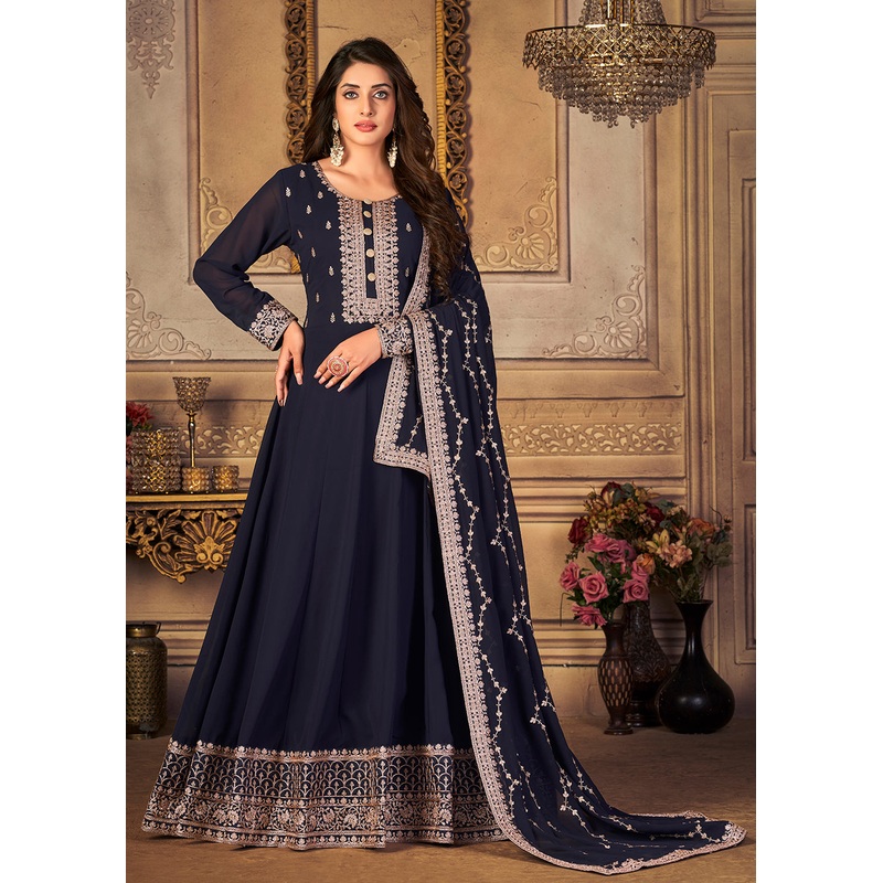 Georgette Navy Blue Embellished Wedding Fest Anarkali Suit
