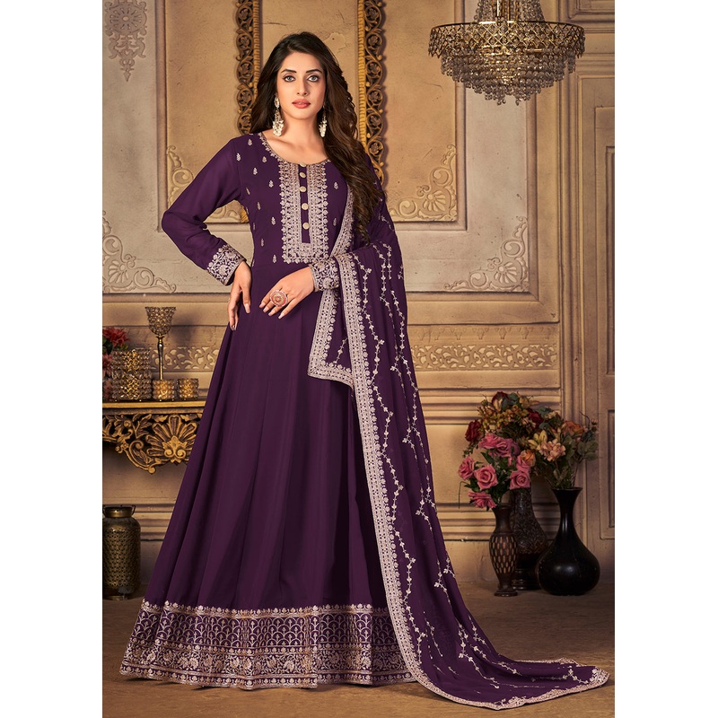 Georgette Plum Purple Embellished Wedding Fest Anarkali Suit