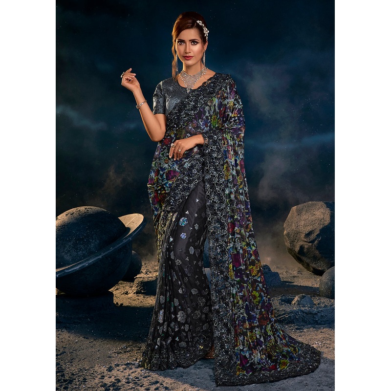 Gorgeous Black Premium Net Heavy Embroidered Designer Saree