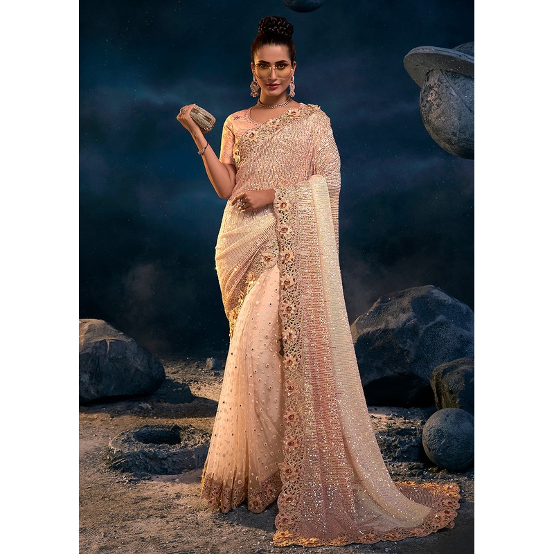 Graceful Peach Premium Net Heavy Embroidered Designer Saree