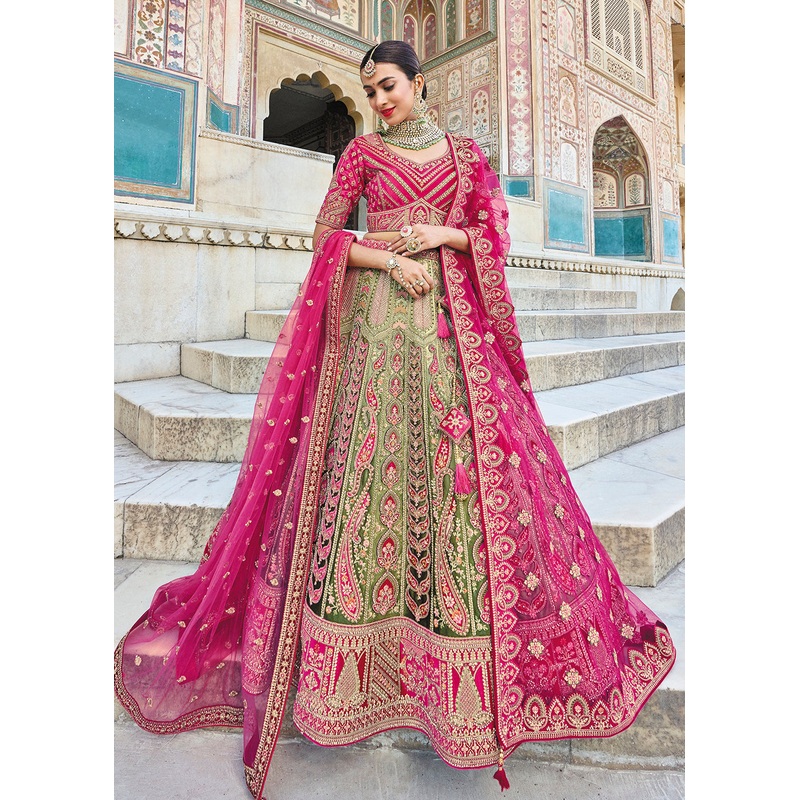 Green & Pink Bridal Wear Heavy Embroidered Silk Lehenga Choli