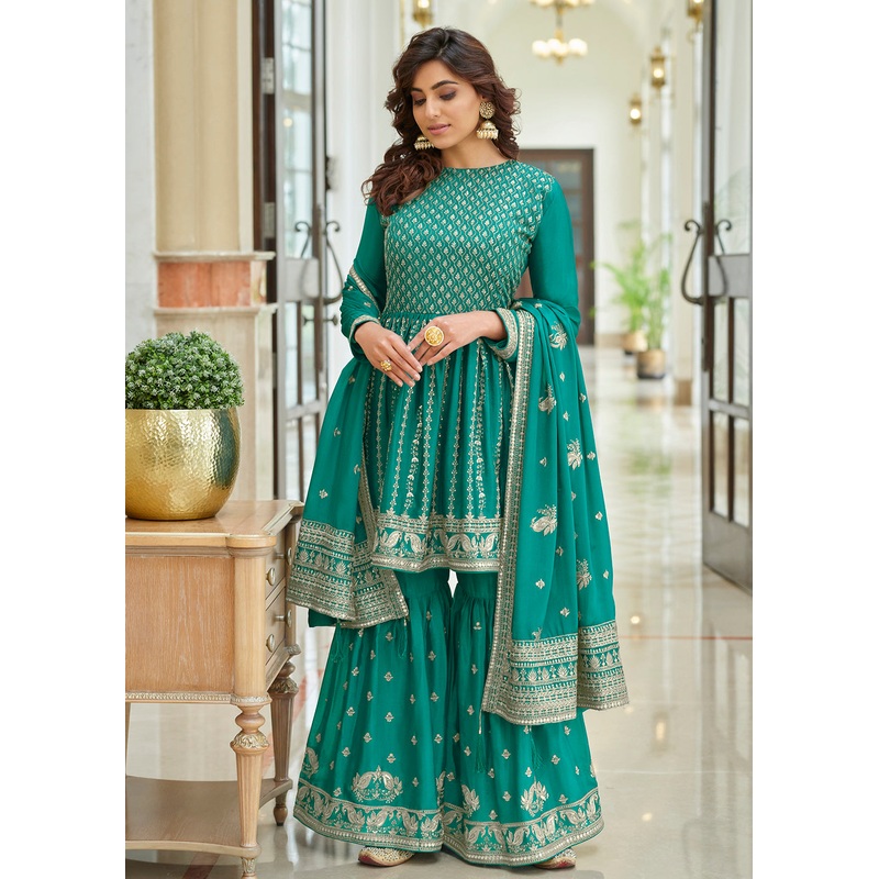 Heavy Chinon Turquoise Sequins Festive Gharara Suit