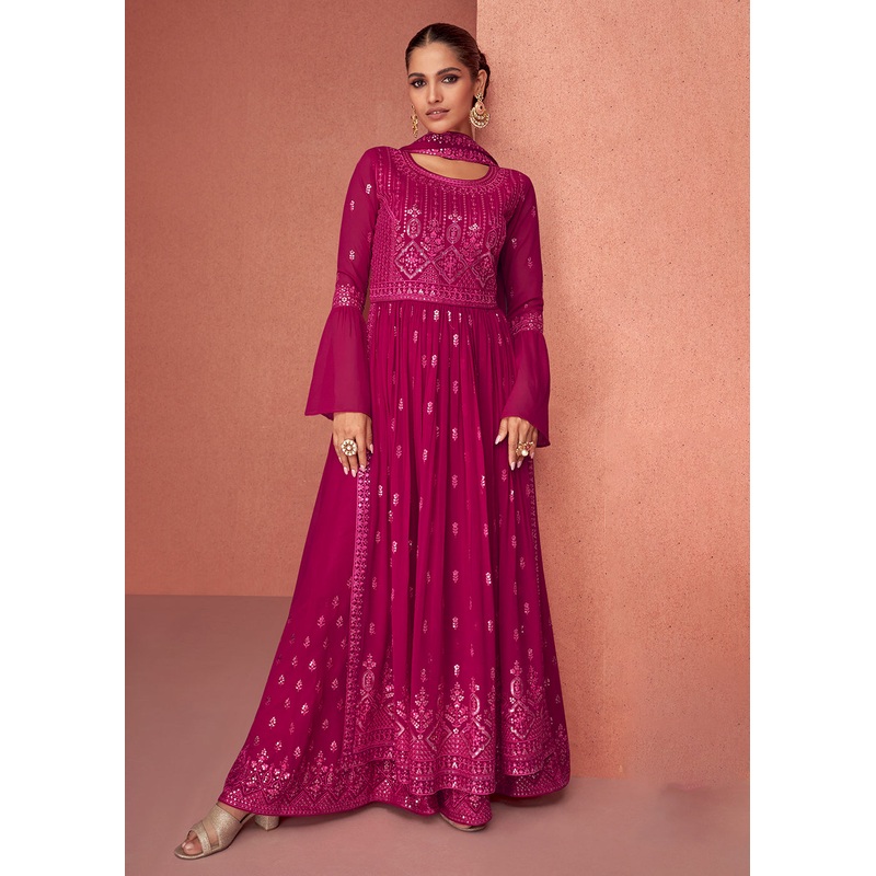 Hot Pink Anarkali Style Georgette Embellished Palazzo Suit
