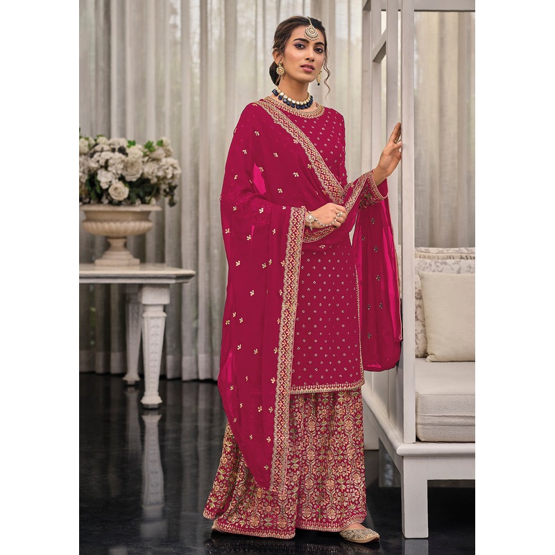 Hot Pink Chinon & Georgette Designer Palazzo Salwar Suit