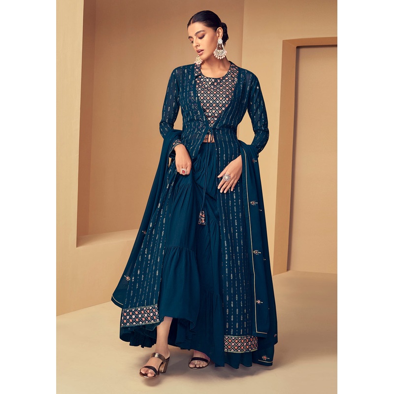 Imperial Navy Blue Jacket Style Party Wear Indo Western Dress