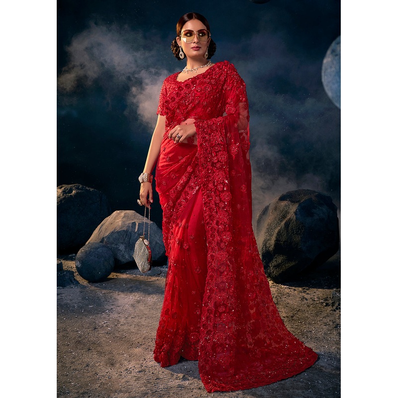 Incredible Red Premium Net Heavy Embroidered Designer Saree