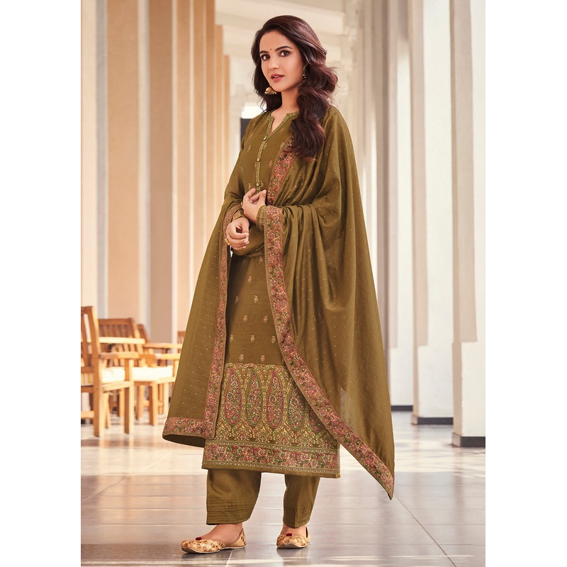 Khaki Jacquard Embordered Festive Pant Salwar Suit