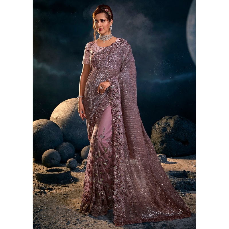 Light Purple Premium Net Heavy Embroidered Designer Saree