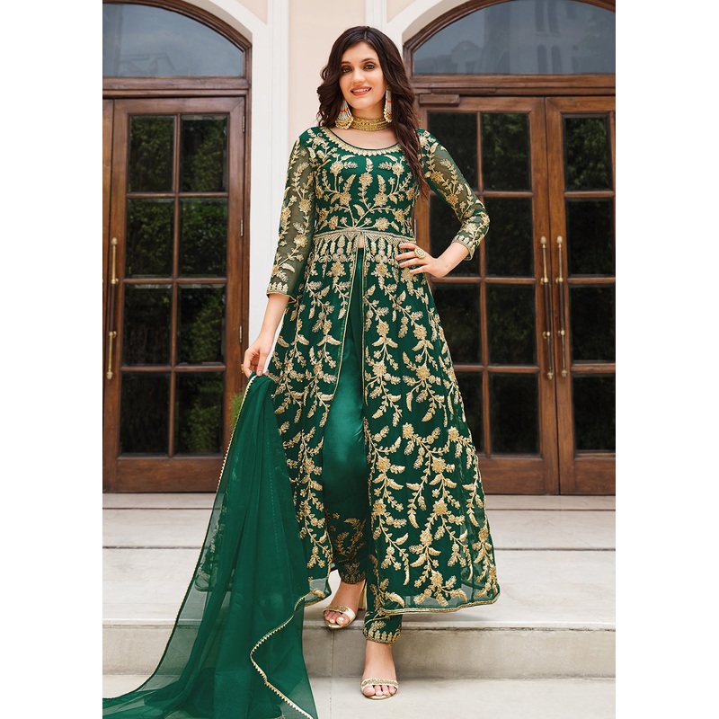 Lovely Bottle Green Designer Front Slit Anarkali Dress