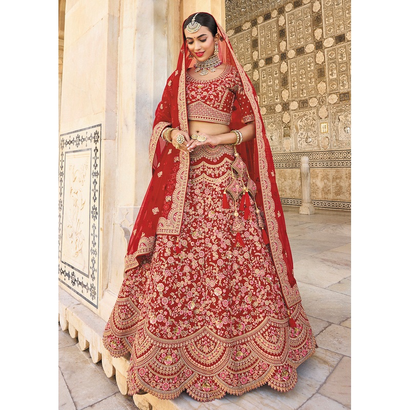 Lovely Red Bridal Wear Heavy Embroidered Silk Lehenga Choli