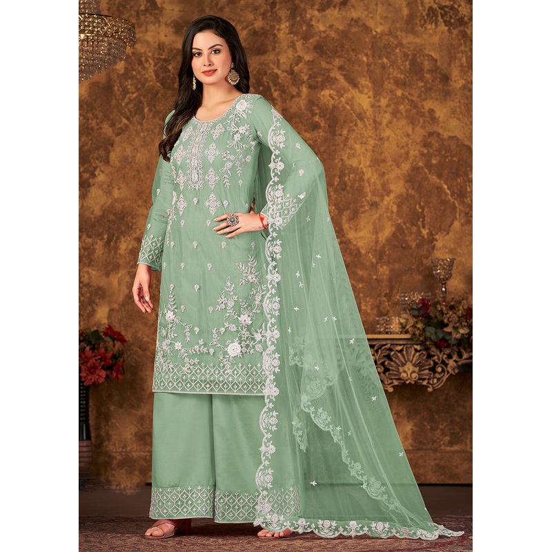 Lovely Sea Green Cording Embroidered Net Palazzo Suit