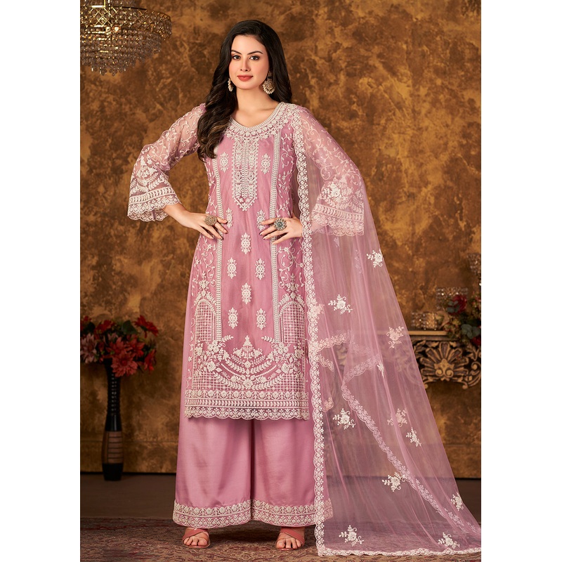 Lovely Soft Pink Cording Embroidered Net Palazzo Suit