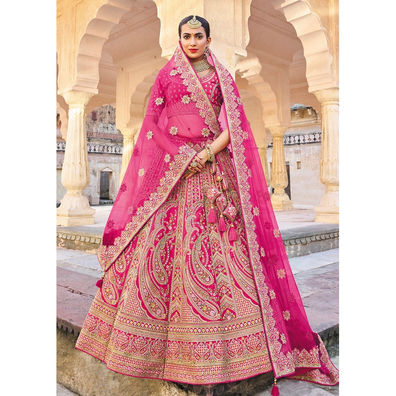 Magenta Pink Bridal Wear Heavy Embroidered Silk Lehenga Choli