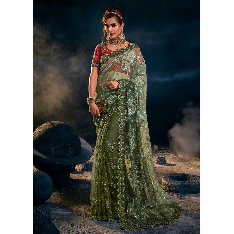 Mahendi Green Premium Net Heavy Embroidered Designer Saree