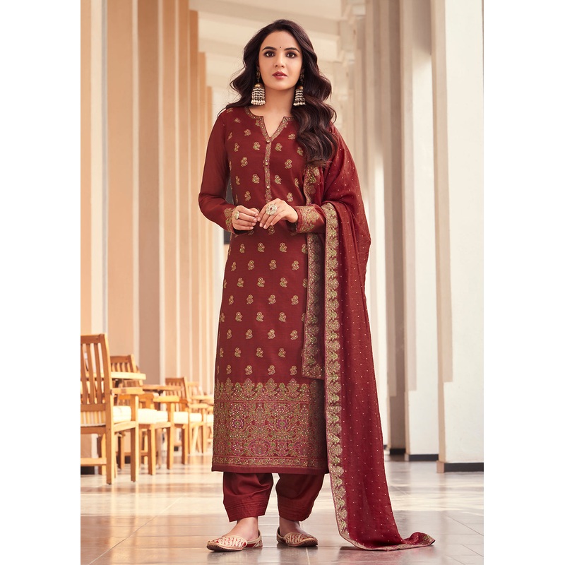 Maroon Jacquard Embordered Festive Pant Salwar Suit