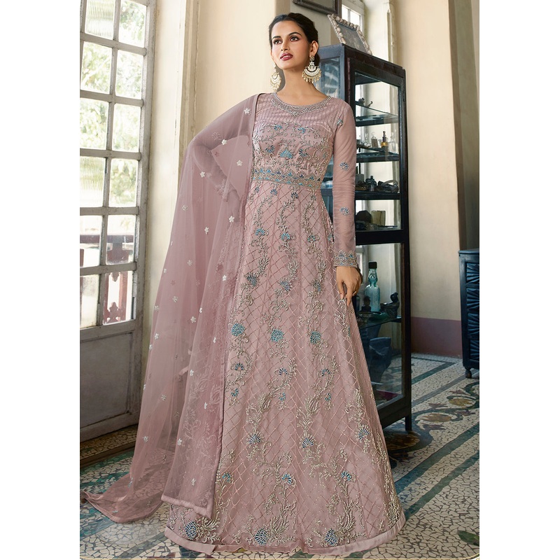Mauve Pink Wedding Party Net Designer Anarkali Suit