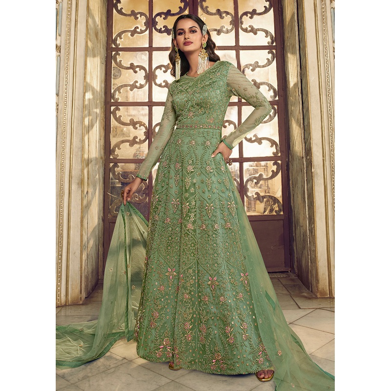 Moss Green Wedding Party Net Designer Anarkali Suit