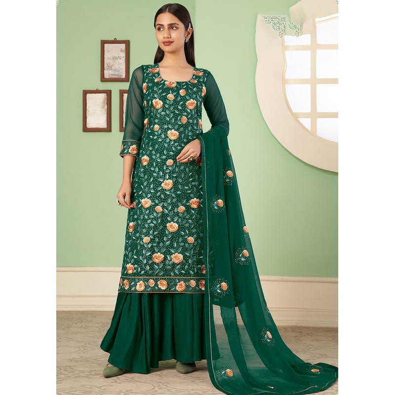 Multi Thread Appealing Green Georgette Palazzo Salwar Suit