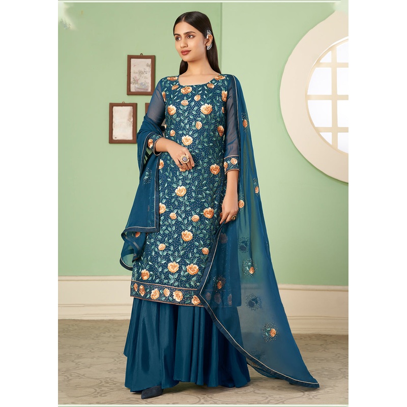 Multi Thread Brilliant Teal Georgette Palazzo Salwar Suit