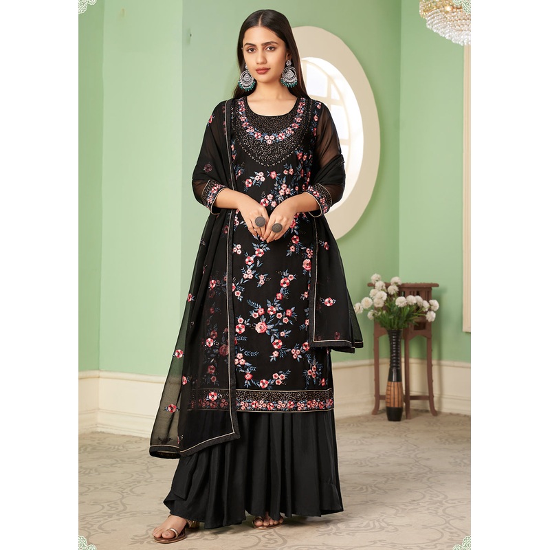 Multi Thread Delicate Black Georgette Palazzo Salwar Suit
