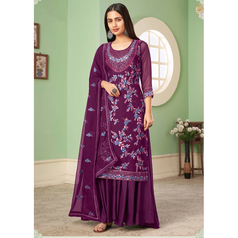 Multi Thread Enticing Purple Georgette Palazzo Salwar Suit