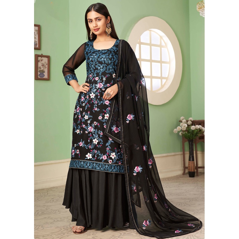 Multi Thread Glamourous Black Georgette Palazzo Salwar Suit