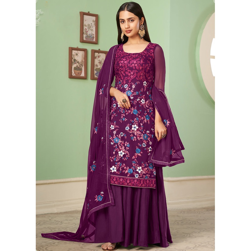Multi Thread Glorious Purple Georgette Palazzo Salwar Suit