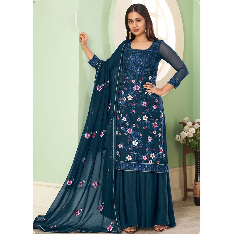 Multi Thread Prussian Blue Georgette Palazzo Salwar Suit