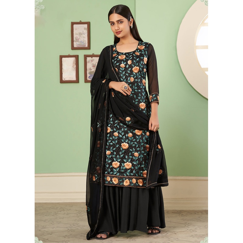 Multi Thread Soothing Black Georgette Palazzo Salwar Suit