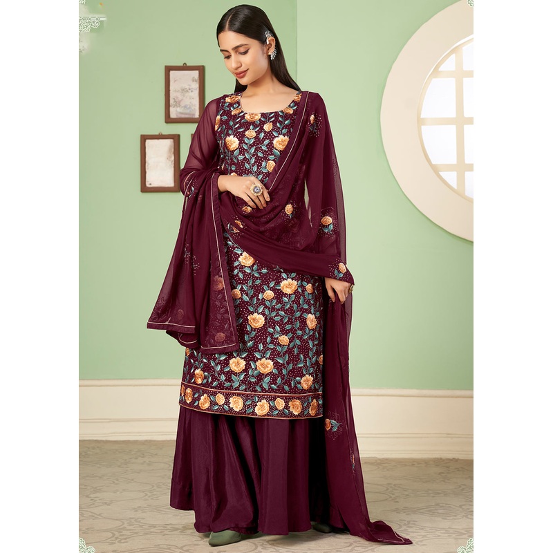 Multi Thread Wonderful Maroon Georgette Palazzo Salwar Suit