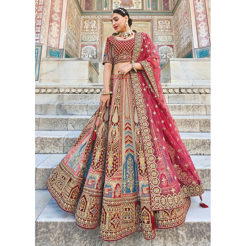 Multicolor Maroon Bridal Wear Heavy Embroidered Silk Lehenga Choli