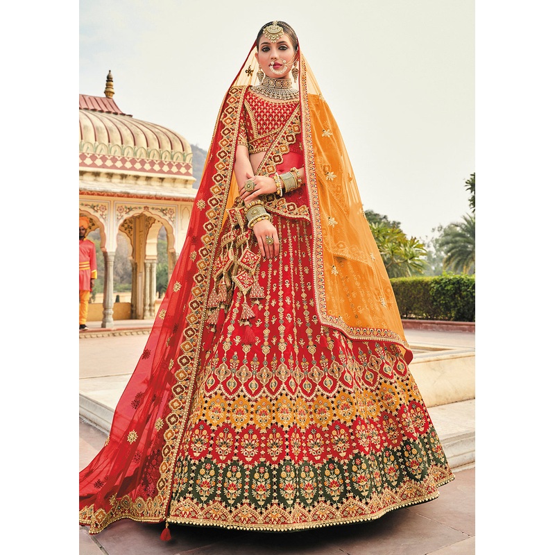 Multicolor Red Bridal Wear Heavy Embroidered Silk Lehenga Choli