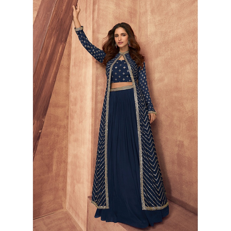 Navy Blue Dola Silk Party Wear Lehenga Choli with Jacket