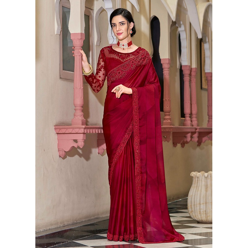 Party Wear Stunning Red Embroidered Fancy Silk Saree