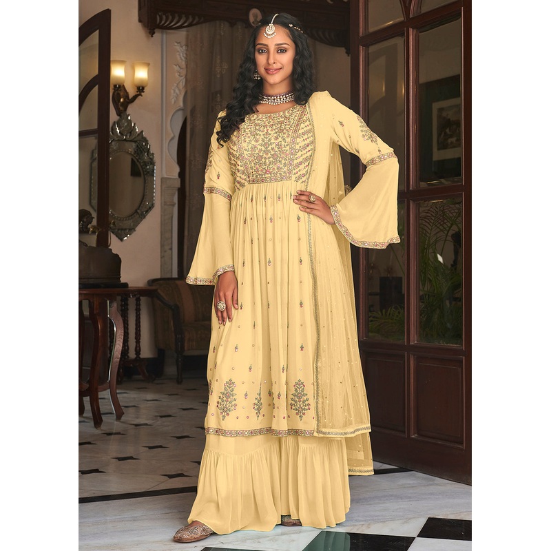 Pastel Yellow Festive Mirror Embroidered Palazzo Salwar Suit
