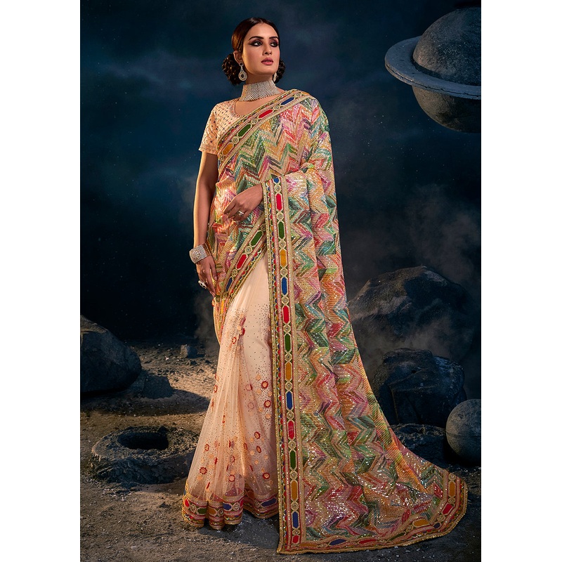 Peach Multicolor Premium Net Heavy Embroidered Designer Saree