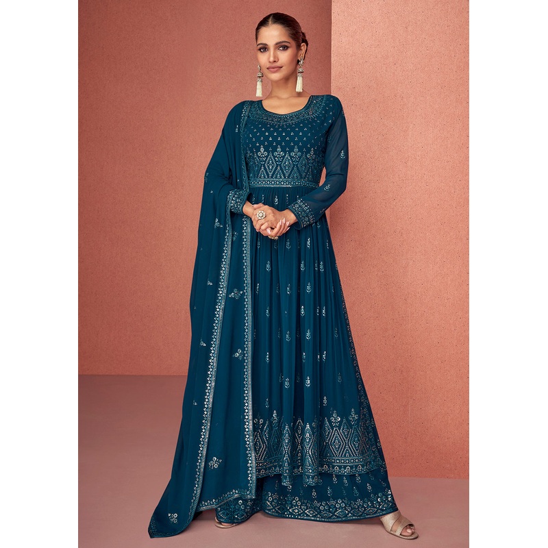 Peacock Blue Anarkali Style Georgette Embellished Palazzo Suit