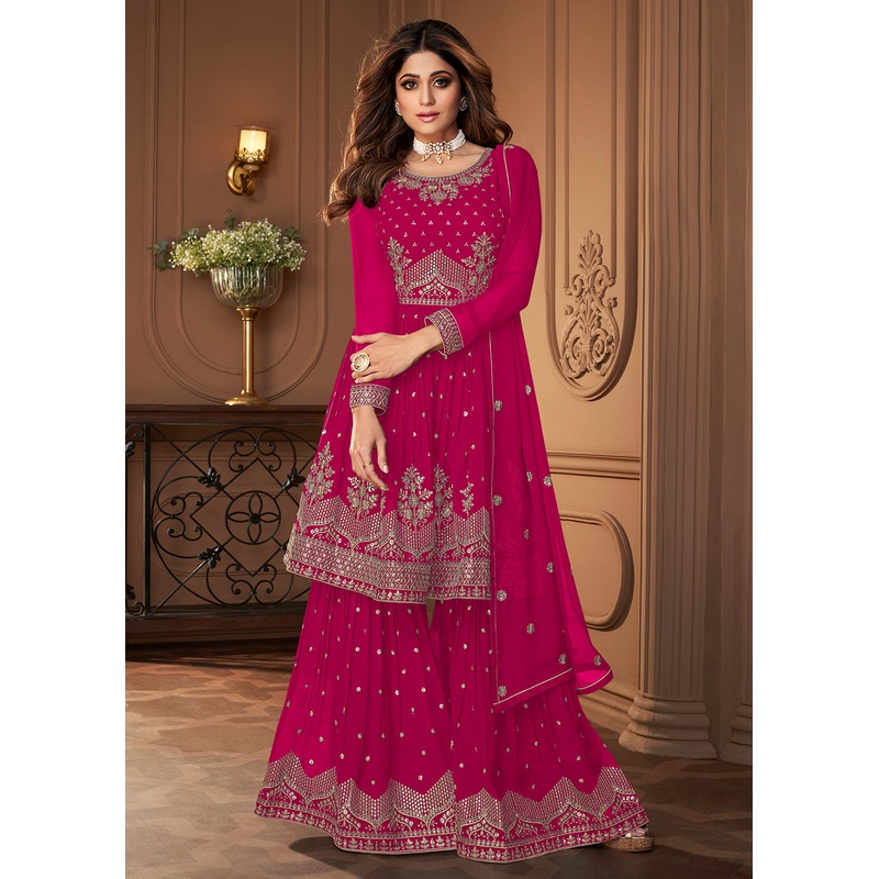 Peplum Designed Hot Pink Embroidered Sharara Suit