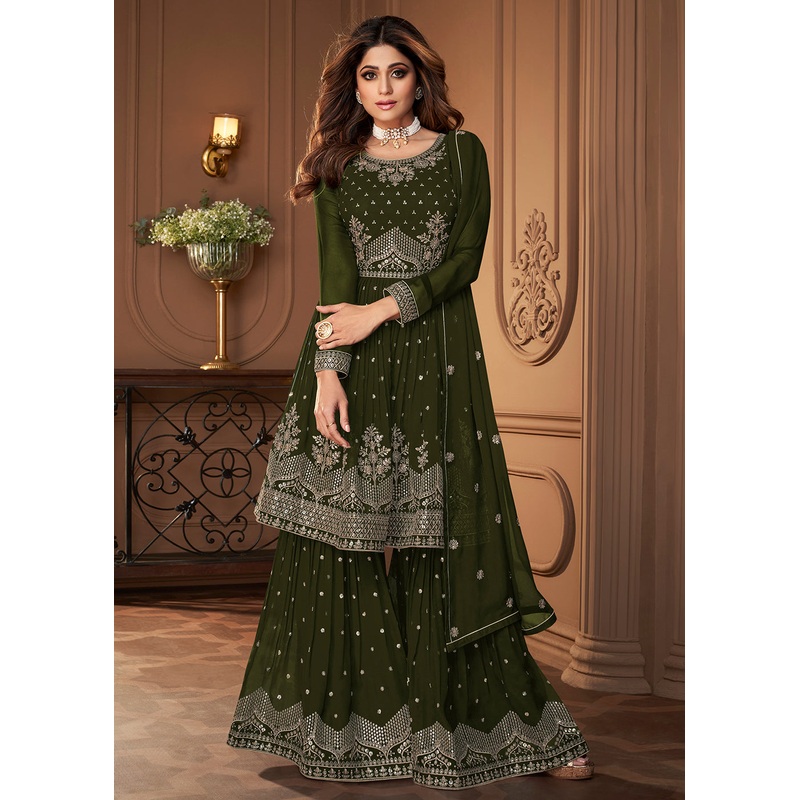 Peplum Designed Mahendi Embroidered Sharara Suit