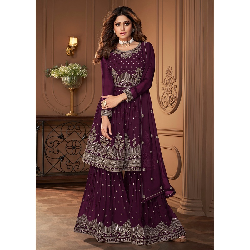 Peplum Designed Plum Embroidered Sharara Suit