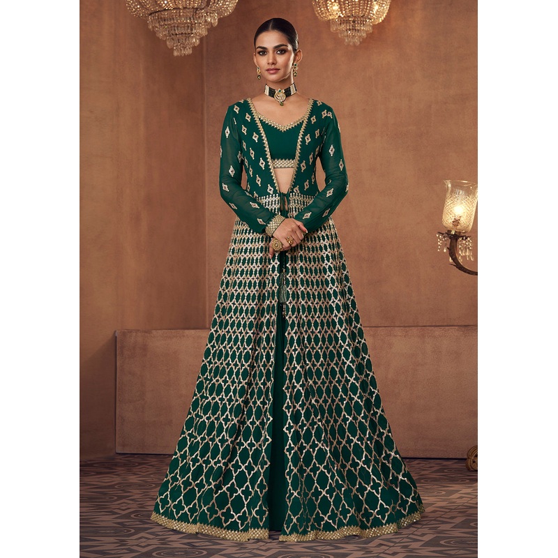Pine Green Crop Top Style Georgette Lehenga Skirt Suit