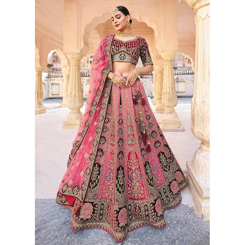 Pink & Maroon Bridal Wear Heavy Embroidered Silk Lehenga Choli
