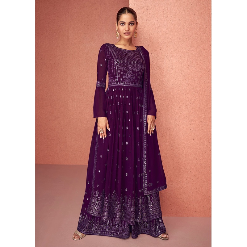 Plum Purple Anarkali Style Georgette Embellished Palazzo Suit