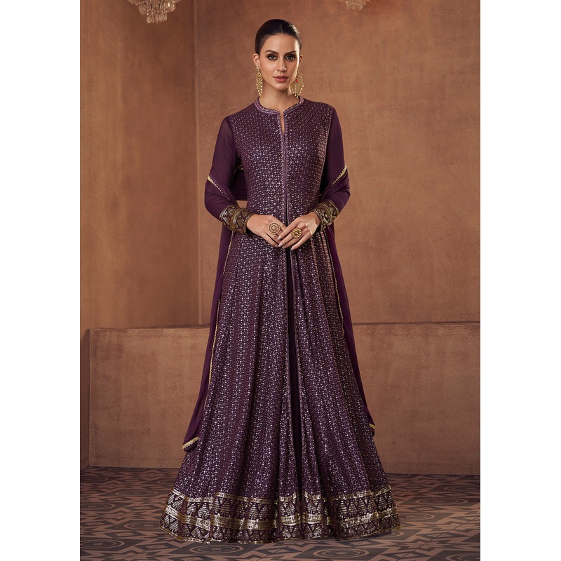 Plum Purple Anarkali Style Georgette Slit Lehenga Skirt Suit