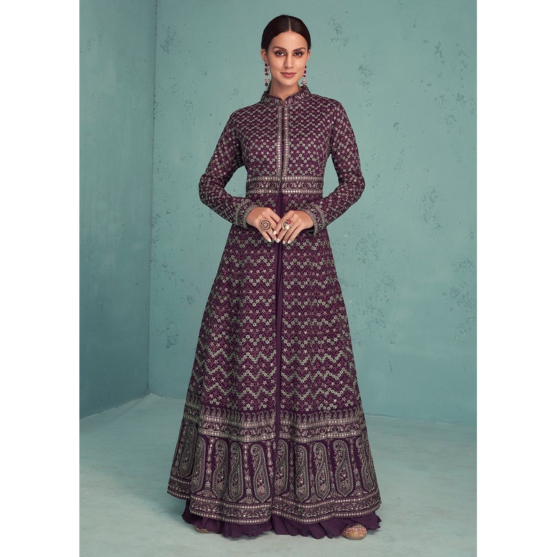 Plum Purple Indo-Western Anarkali Style Georgette Skirt Dress