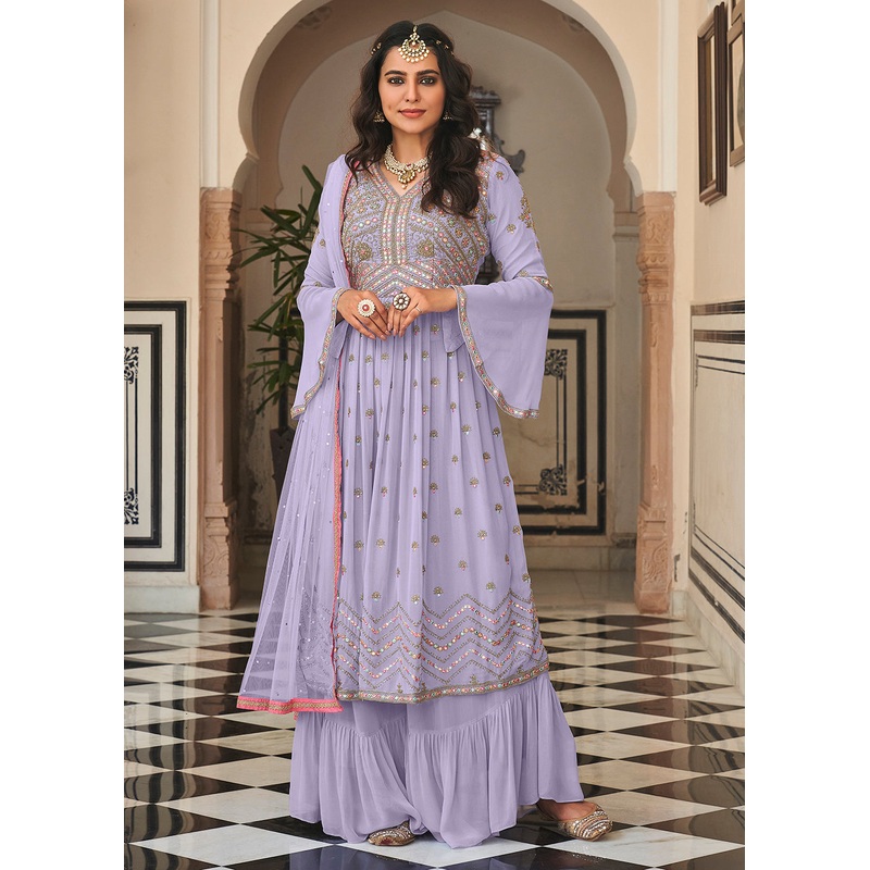 Pretty Lilac Festive Mirror Embroidered Palazzo Salwar Suit