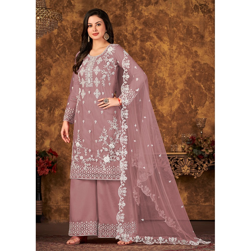 Pretty Mauve Cording Embroidered Net Palazzo Suit
