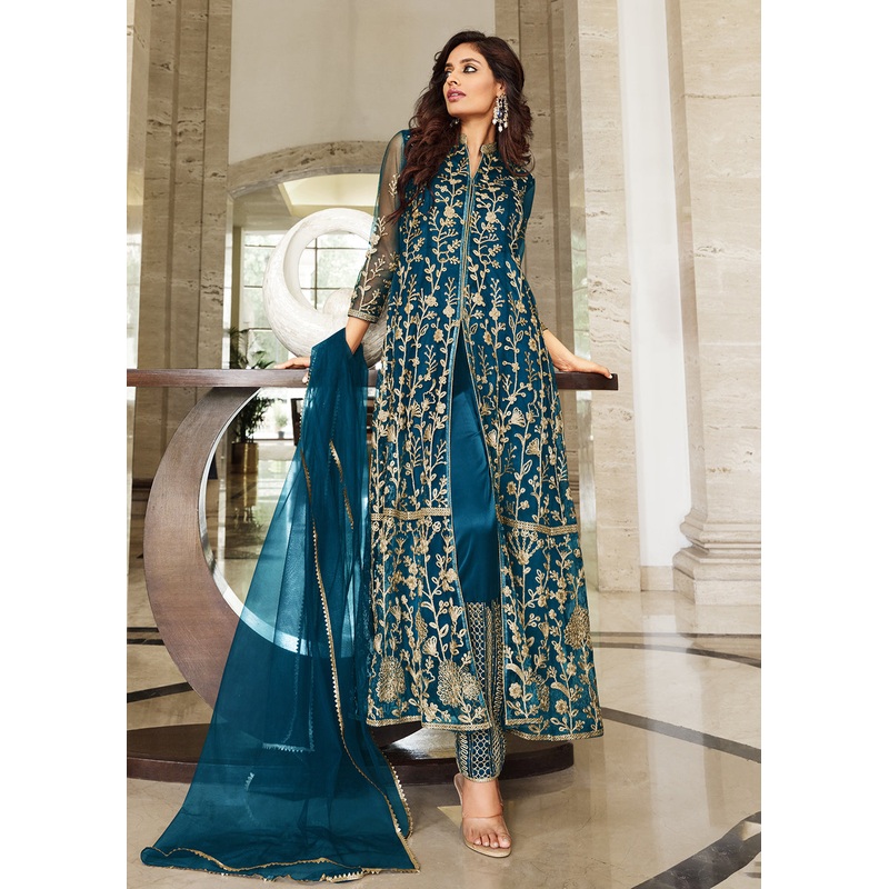 Pretty Peacock Blue Designer Front Slit Anarkali Dress