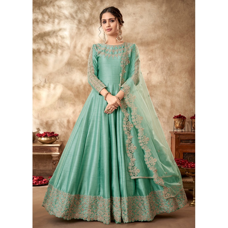 Pretty Sea Green Art Silk Zari Embroidered Festive Anarkali Gown